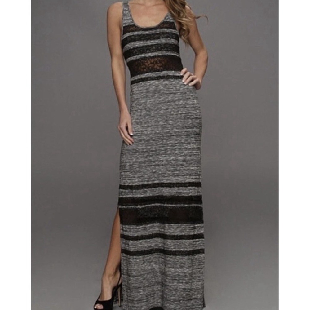 FREE PEOPLE Hazy Days Maxi Tank Dress Lace‎ Inset Black Gray Space Dye Large